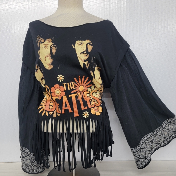 The Beatles Tops - Beatles Band Fringe Top With Hippie Bell Sleeves Upcycled